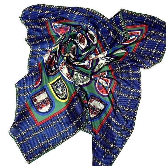 Ellen Tracy Silk Square Scarf Italian Cities Print Blue Green - Picture 3 of 9